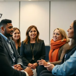 Group of diverse entrepreneurs at a summit discussing business opportunities.