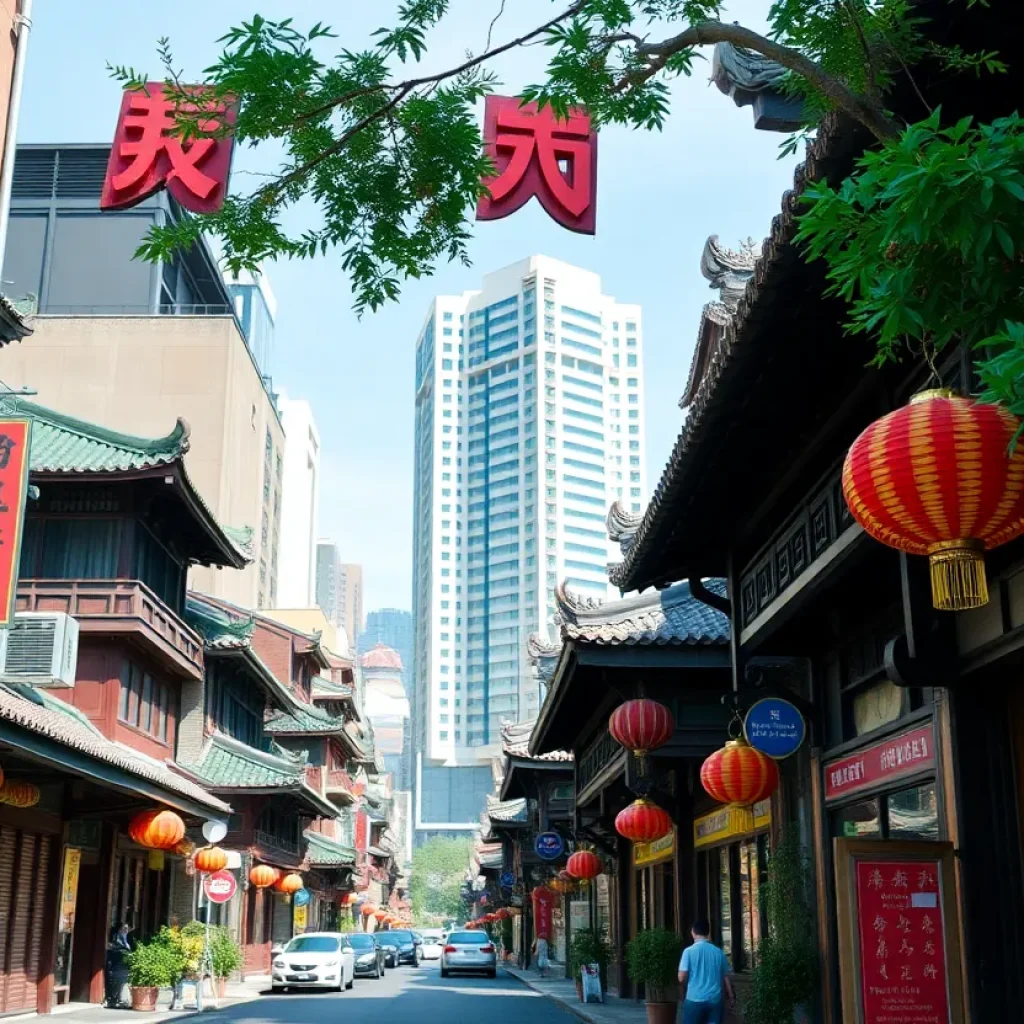 A bustling street in Washington D.C. Chinatown with historic buildings and new developments.