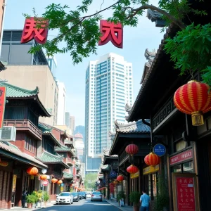 A bustling street in Washington D.C. Chinatown with historic buildings and new developments.