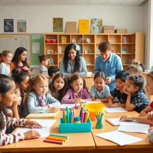 Diverse classroom with students and teachers involved in educational activities.
