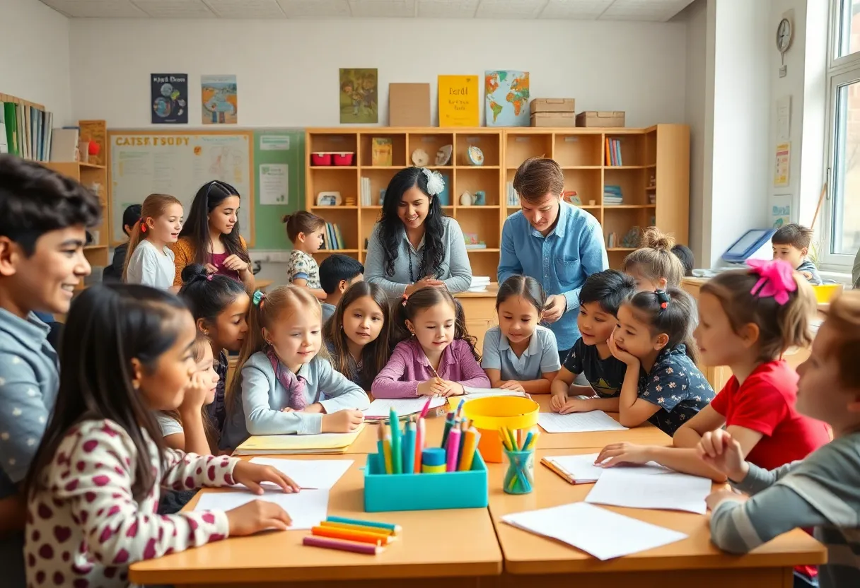 Diverse classroom with students and teachers involved in educational activities.