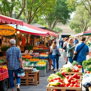 Vibrant farmers market with fresh produce and community vendors