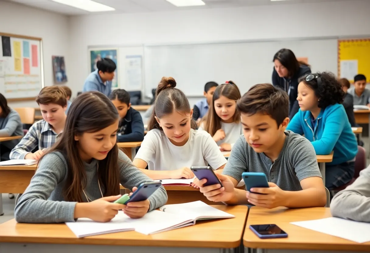 Students engaged in classroom activities without cell phones.