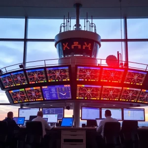 Air traffic control tower with controllers managing traffic