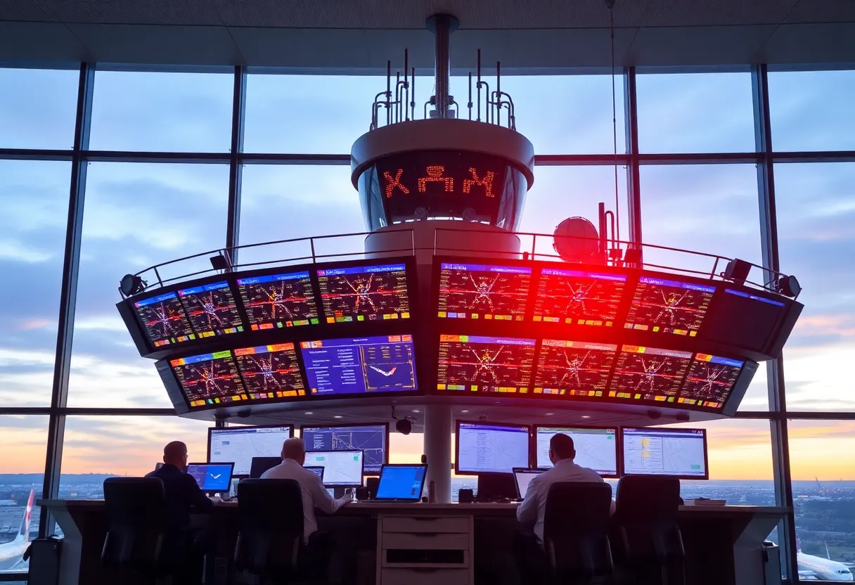 Air traffic control tower with controllers managing traffic