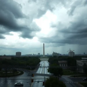 Flash flooding on street in Washington D.C. after severe thunderstorms.