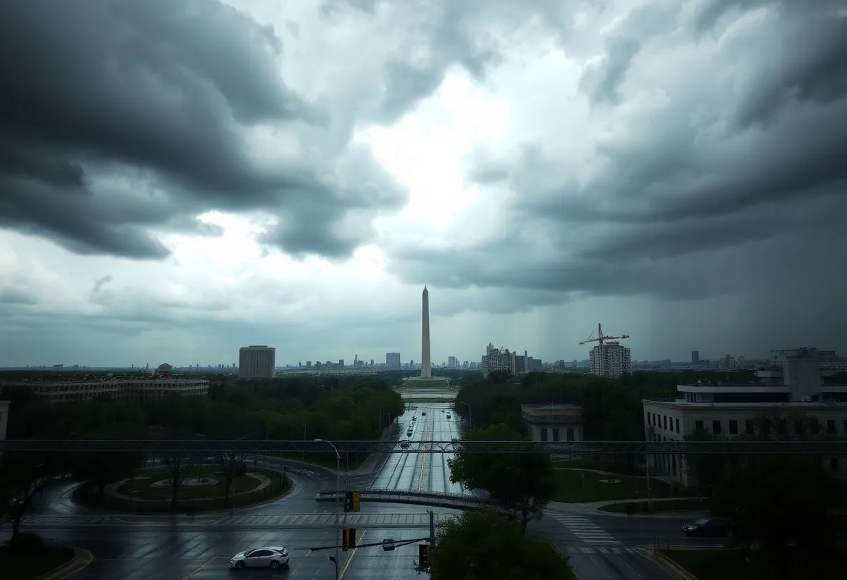 Flash flooding on street in Washington D.C. after severe thunderstorms.