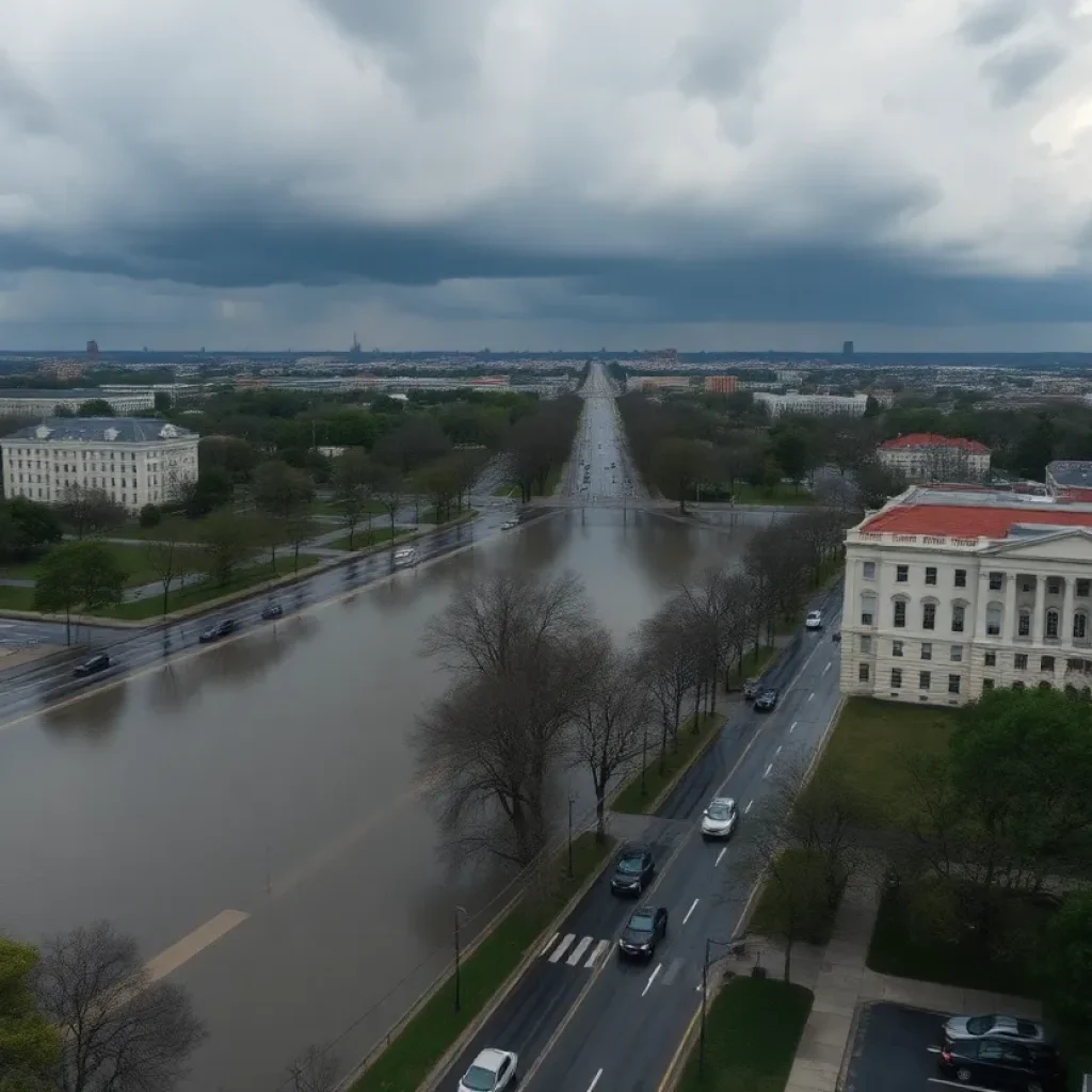 A flooded street in Washington D.C. following severe storms.