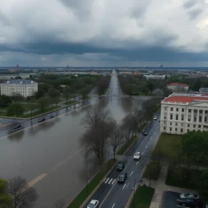 A flooded street in Washington D.C. following severe storms.
