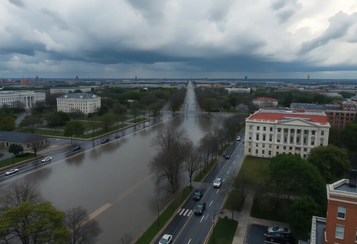 A flooded street in Washington D.C. following severe storms.