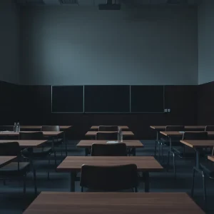 Empty classroom at Georgetown University symbolizing justice