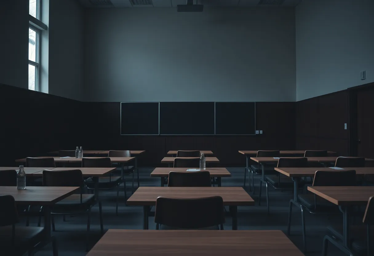 Empty classroom at Georgetown University symbolizing justice