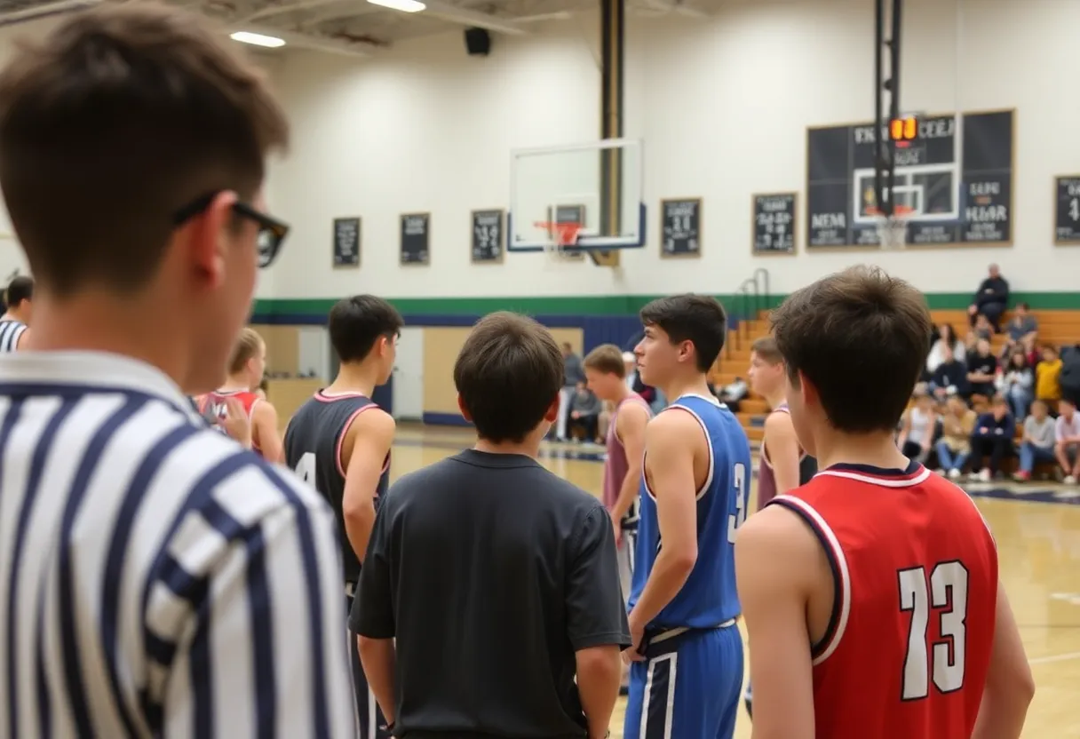 High school basketball players in action during a game
