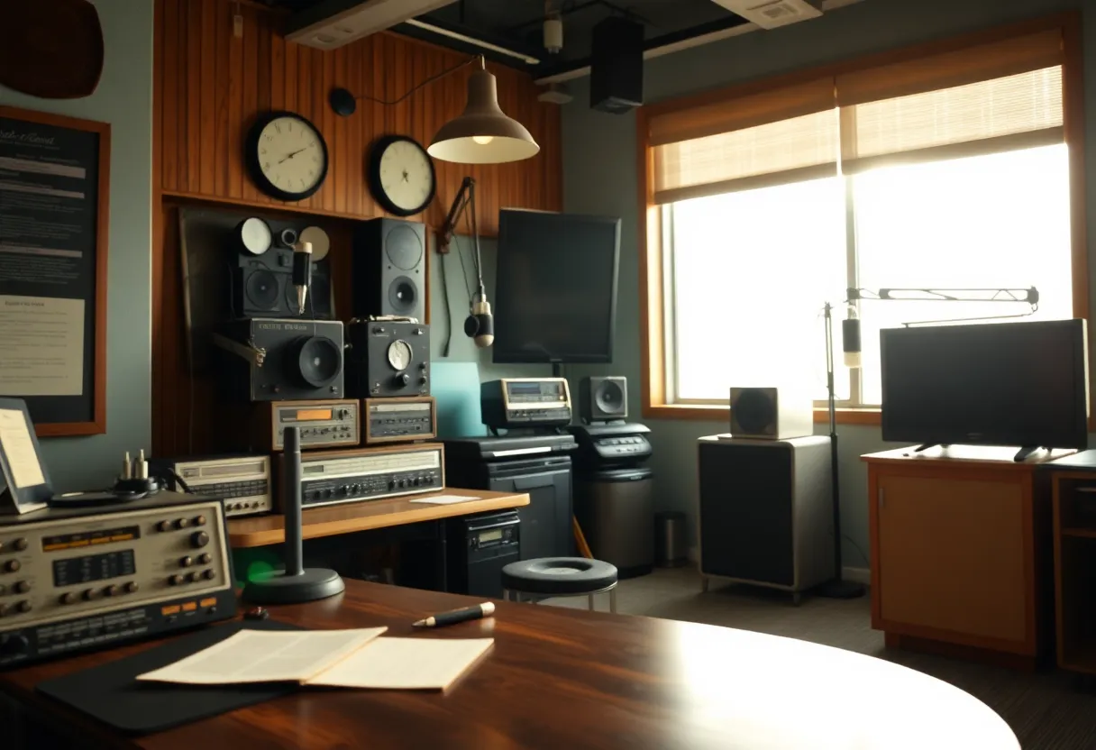 Vintage radio studio symbolizing community service.