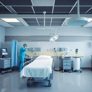 Medical staff attending to a patient in a hospital room