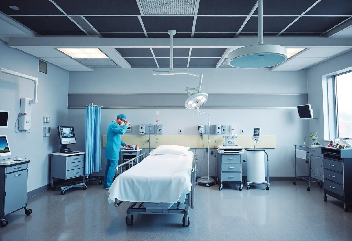 Medical staff attending to a patient in a hospital room