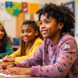 Classroom with diverse students discussing education equity