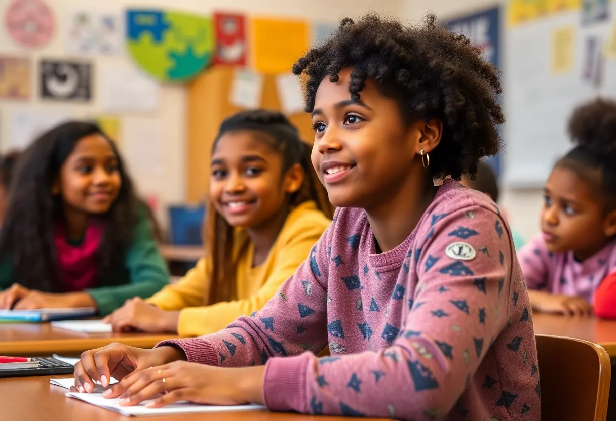 Classroom with diverse students discussing education equity