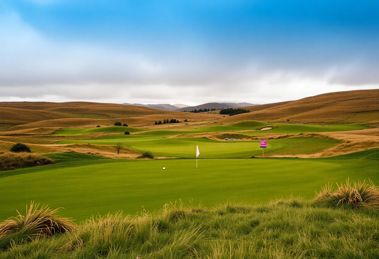 Golf course in Scotland with protests in the background