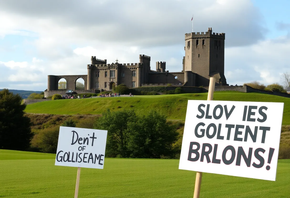 A golf course in Scotland amid a backdrop of protests.