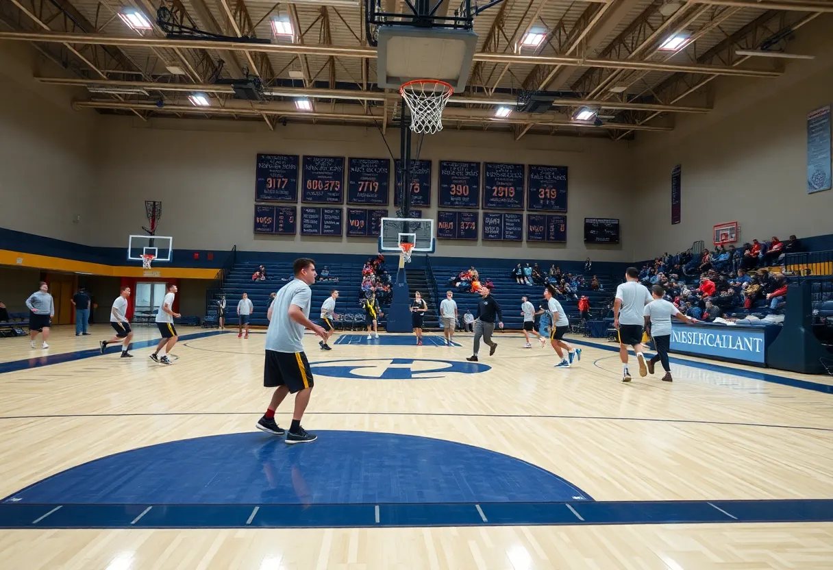 High school basketball players practicing without a shot clock.