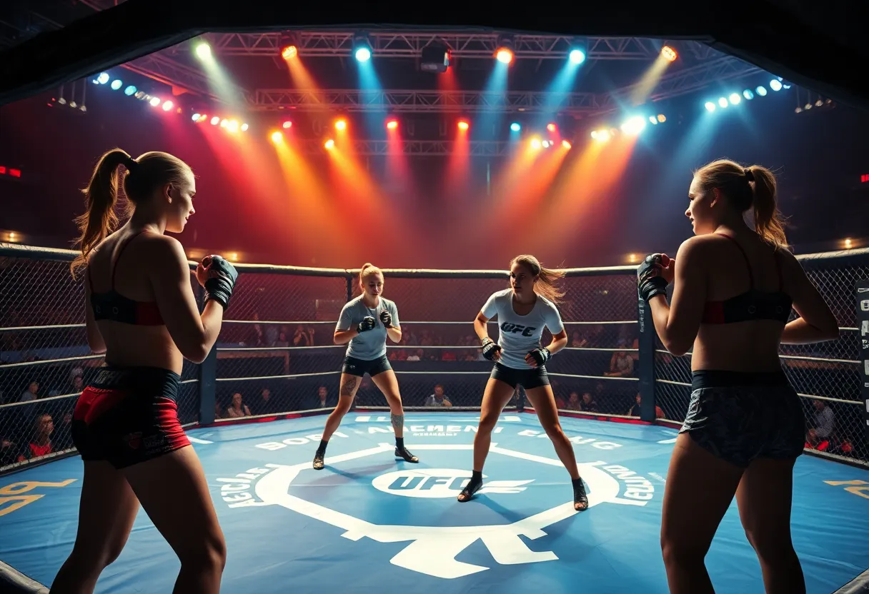 Mixed martial arts octagon with female fighters representing growth in women's MMA.