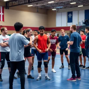 Diverse group of high school students practicing wrestling in gym