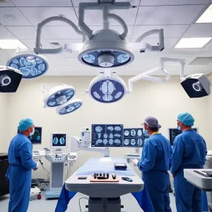 Neurosurgeons utilizing biplane imaging technology at George Washington University Hospital