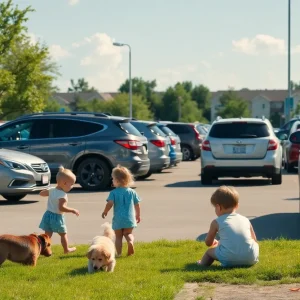 Children playing in a parking lot near parked cars under sunny weather.