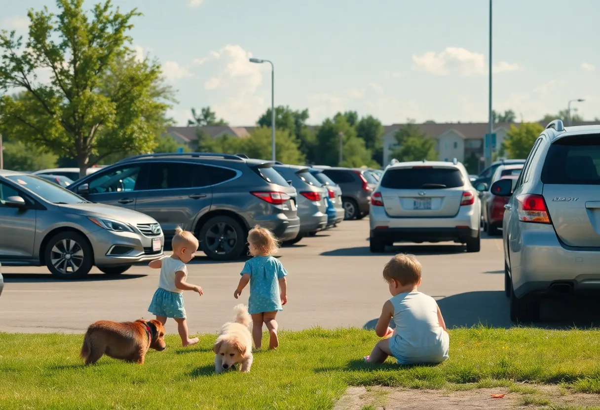 Children playing in a parking lot near parked cars under sunny weather.