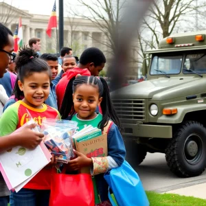 Children receiving school supplies at a community event in Washington DC, with National Guard trucks in the background.