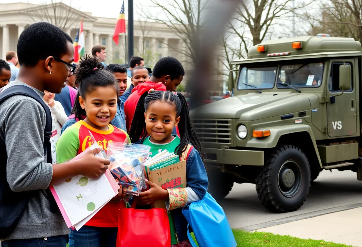 Children receiving school supplies at a community event in Washington DC, with National Guard trucks in the background.