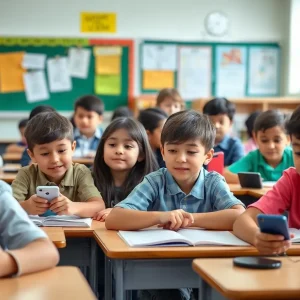 Elementary students in a classroom without phones, focusing on their studies.