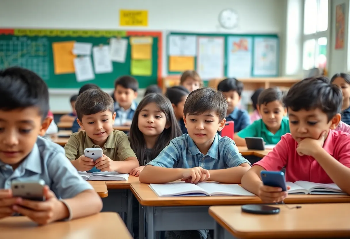 Elementary students in a classroom without phones, focusing on their studies.