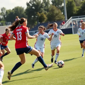 Drexel University women's soccer players competing against George Washington University during a match.