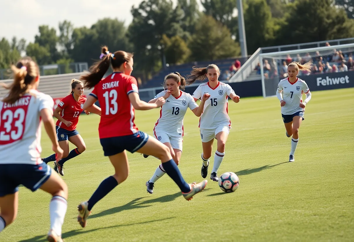 Drexel University women's soccer players competing against George Washington University during a match.