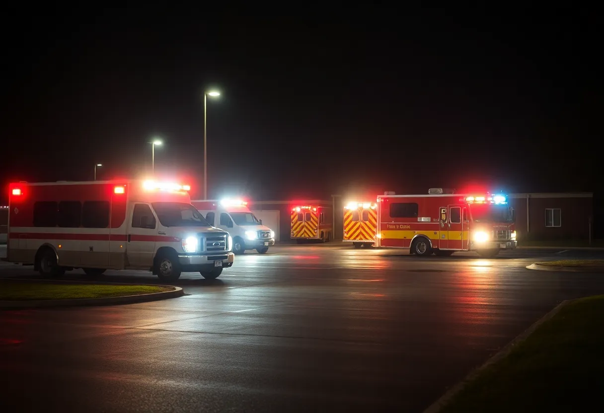 Emergency vehicles near a school parking lot following a tragic incident involving an infant.