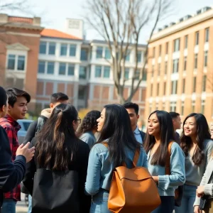 Diverse students on campus discussing community and inclusion