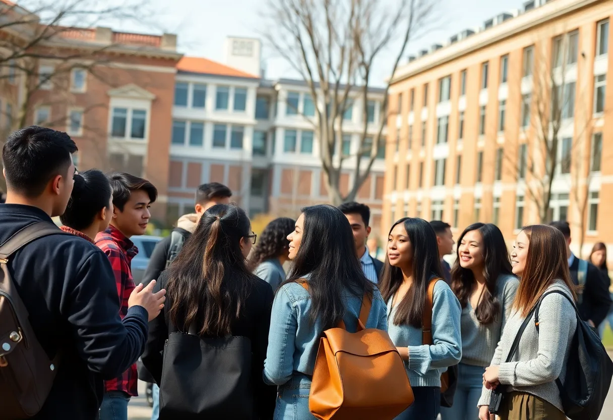 Diverse students on campus discussing community and inclusion