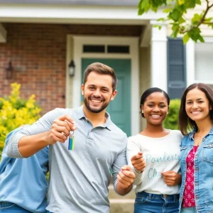 First-time homebuyers in Washington, DC holding keys in front of their new home.