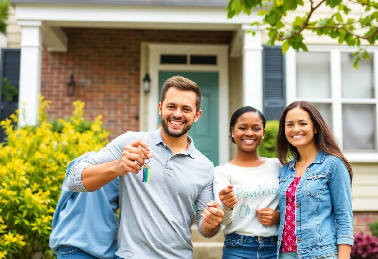 First-time homebuyers in Washington, DC holding keys in front of their new home.