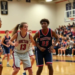 High school basketball players competing during a game