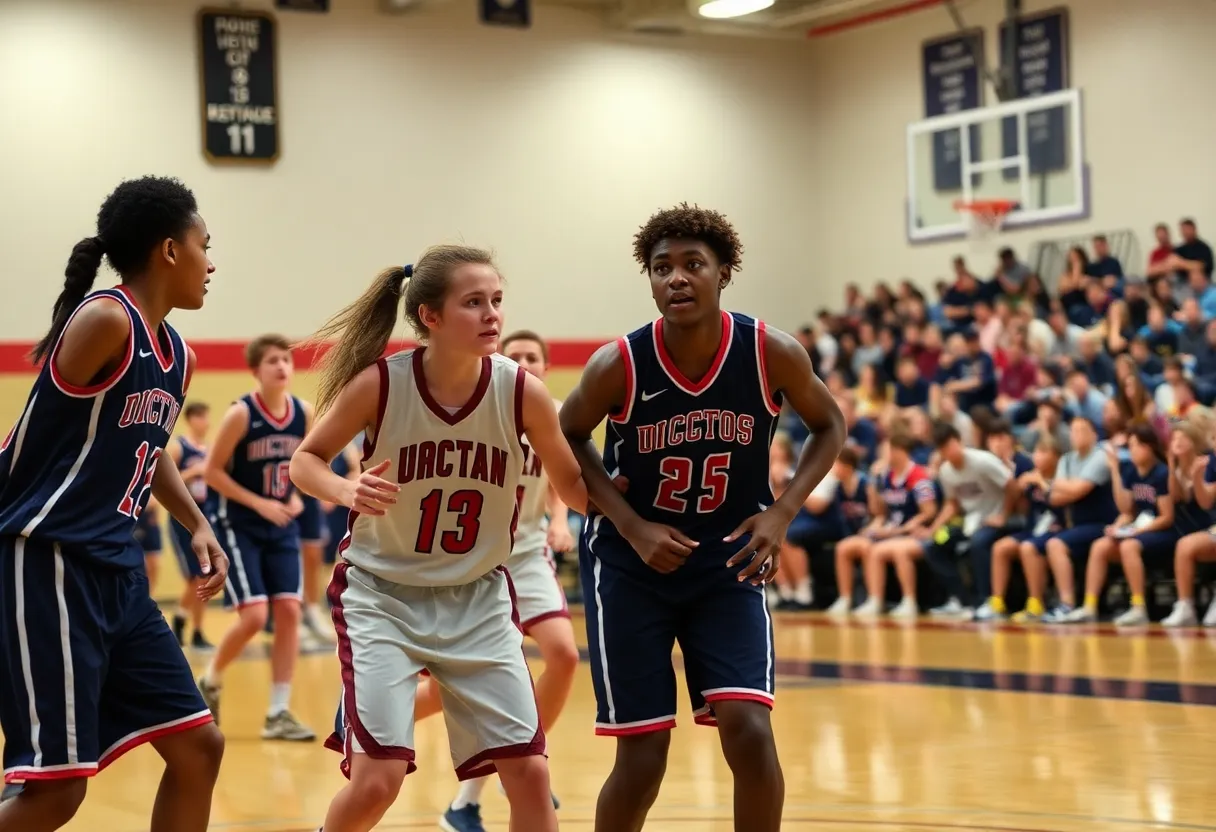 High school basketball players competing during a game