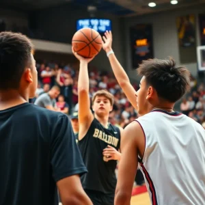 Young athletes competing in a high school basketball game