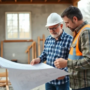 A homeowner and builder discussing project plans at a Washington DC construction site