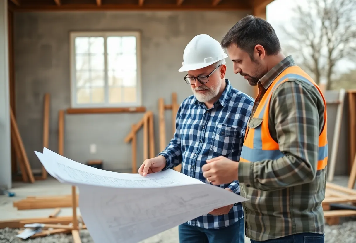 A homeowner and builder discussing project plans at a Washington DC construction site