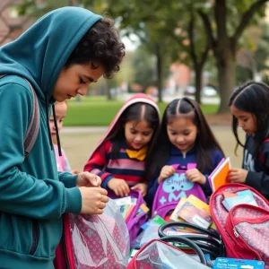 Howard University students distributing school supplies in a park
