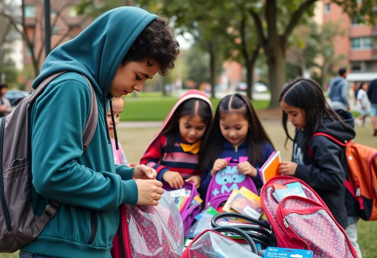 Howard University students distributing school supplies in a park