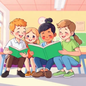 Children engaged in reading activities related to empowerment and self-confidence.