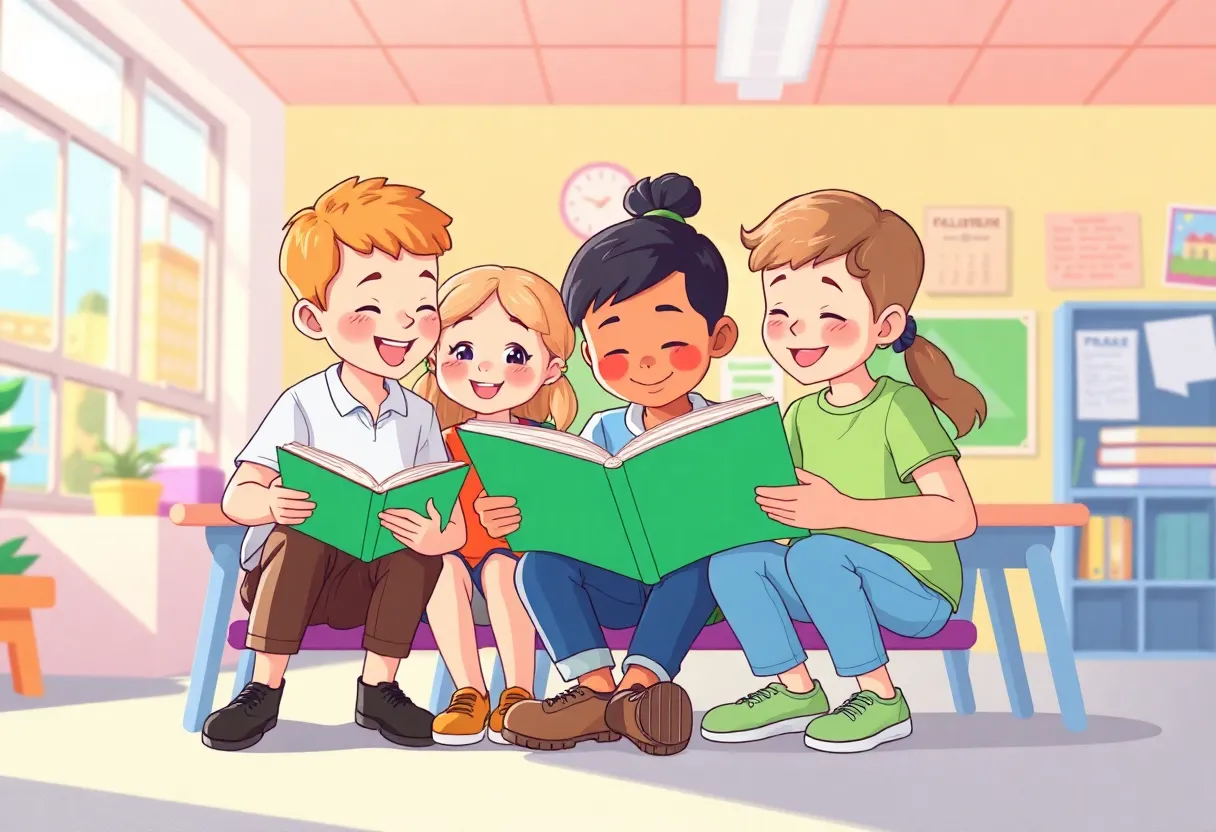 Children engaged in reading activities related to empowerment and self-confidence.